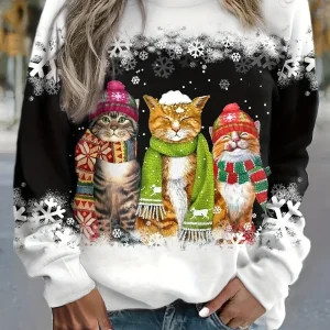Feline | Warme Wintertop met Sneeuwkat Print