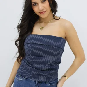 Gestreepte Bandeau Top Donker Blauw