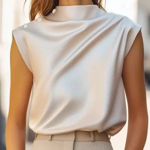 Ivy Satijnen Blouse – Gedrapeerde Pasvorm met Staande Kraag