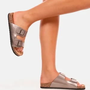 Comfortabele slippers met dubbele gespsluiting champagne metallic grijs