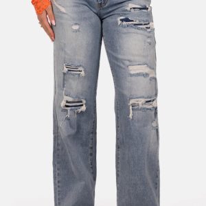 Dad fit jeans met destroyed details blauw