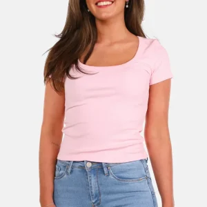 Geribd T-shirt met lage ronde hals roze
