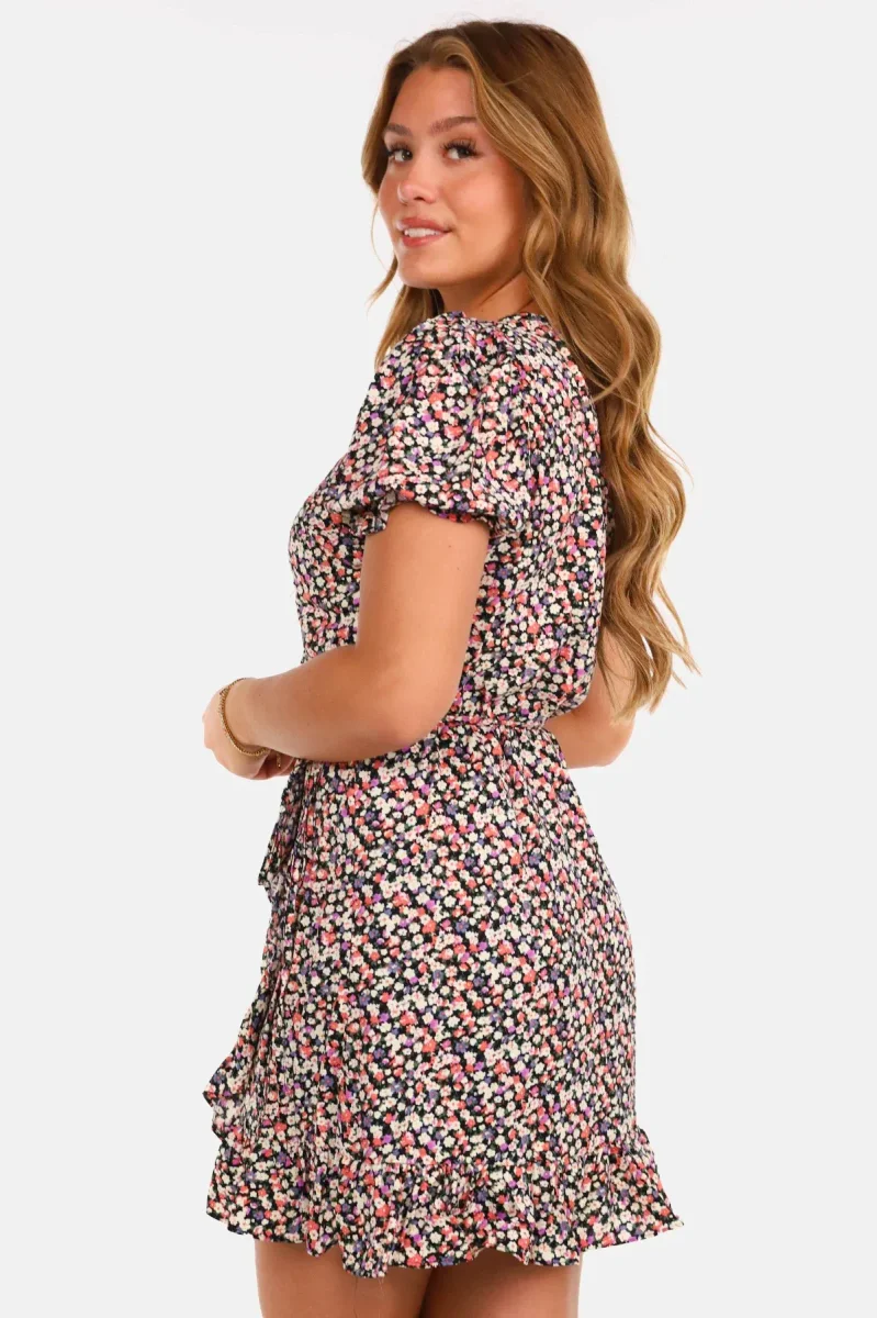 Jurk met bloemenprint en strikdetail zwart - Afbeelding 5