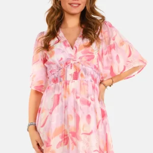 Jurk met ruches en aquarelprint roze