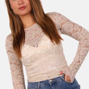 Kanten top met bloemenstructuur beige