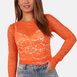 Kanten top met bloemenstructuur oranje