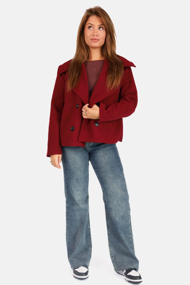 Korte oversized mantel met knoopsluiting bordeaux - Afbeelding 3
