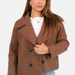 Korte oversized mantel met knoopsluiting bruin