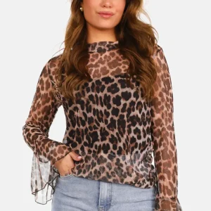 Mesh top met uitlopende mouwen leopard beige
