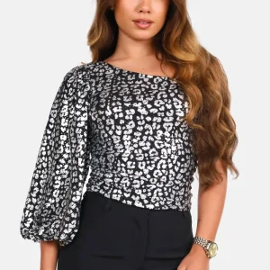 One-shoulder glittertop ballonmouw zilver
