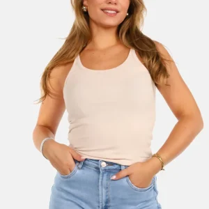 Ribtop met spaghettibandjes beige