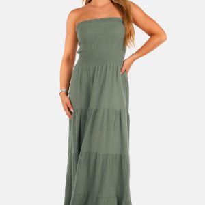 Strapless katoenen jurk met stroken kaki