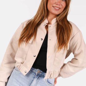 Suede look bomberjack met drukknoopsluiting beige