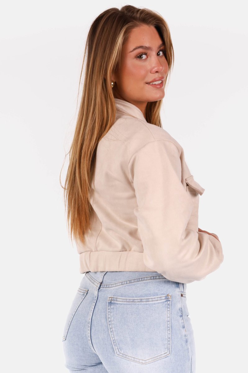 Suede look bomberjack met drukknoopsluiting beige - Afbeelding 4