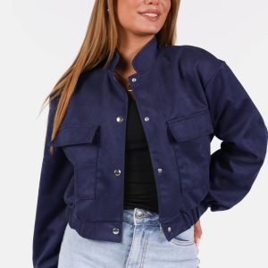 Suede look bomberjack met drukknoopsluiting donkerblauw