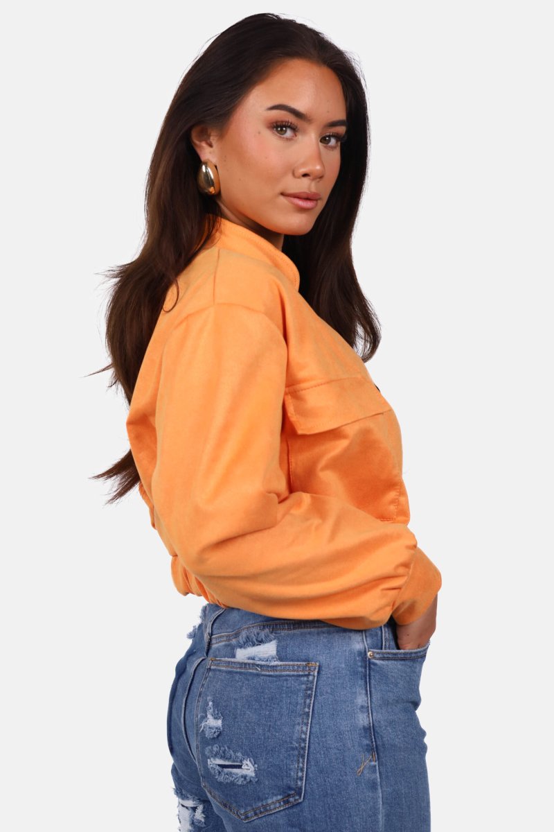 Suede look bomberjack met drukknoopsluiting oranje - Afbeelding 4