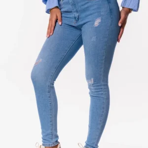 Super high waist skinny jeans light damaged blauw