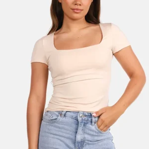 T-shirt vierkante hals travel beige