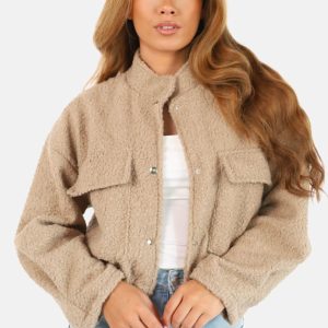 Teddy bomberjack met drukknoopsluiting donker beige