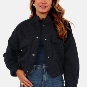 Teddy harig bomberjasje met knoopsluiting donkerblauw