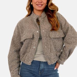 Teddy harig bomberjasje met knoopsluiting taupe