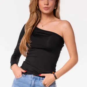 Travel top one shoulder zwart
