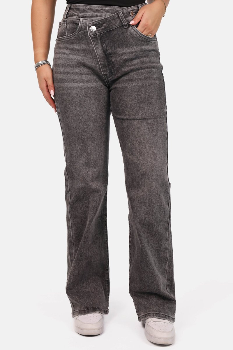 Wide leg jeans met asymmetrische sluiting grijs